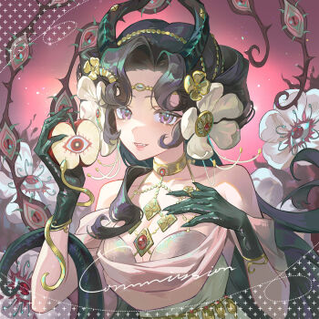 1girl :d anjo_nala apple apple_slice bare_shoulders black_hair breasts cleavage commission demon_horns dress eyeball fangs flower food fruit gloves gold_choker green_gloves green_tail hair_flower hair_ornament hands_up highres holding holding_food holding_fruit horns lizard_tail long_hair official_alternate_costume open_mouth parted_bangs pink_background purple_eyes reverse:1999 sleeveless sleeveless_dress smile solo tail teeth thorns upper_body upper_teeth_only watermark white_dress white_flower yinhepongpong