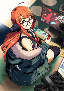 1girl absurdres ahoge amamiya_ren behind-the-head_headphones black_thighhighs breasts brown_eyes commentary_request computer doujima_nanako from_above from_behind full_body fur-trimmed_jacket fur_trim game_console green_jacket grin hair_spread_out handheld_game_console headphones highres holding holding_handheld_game_console indoors ito_(daisukidanchi) jacket laptop long_hair looking_at_viewer looking_back looking_up meta monitor niijima_makoto nintendo_switch off_shoulder okumura_haru orange_hair persona persona_3 persona_3_portable persona_4 persona_4_the_golden persona_5 persona_5_the_royal playing_games playstation_4 playstation_controller sakamoto_ryuuji sakura_futaba screen sidelocks silhouette sitting small_breasts smile solo thighhighs video_game