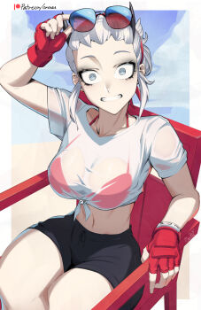 Rule 34 | 1girl, beach, border, chair, demon, demon girl, demon horns, eyewear on head, fingerless gloves, gloves, grey eyes, grin, helltaker, highres, horns, justice (helltaker), lifeguard, lifeguard chair, orouu, outdoors, red gloves, see-through clothes, shirt, smile, solo, sunglasses, surprised, unworn eyewear, wet, wet clothes, wet shirt, white border