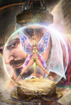 1boy 1girl bdsm bikini blonde_hair bondage bound bound_arms bound_legs breasts captain_hook cleavage disney facial_hair fairy fairy_wings hair_up hat highres jar leaf_bikini map midriff mini_person minigirl mustache navel paulo_barrios pirate_hat realistic slave smile tinker_bell_(disney) trapped walt_disney&#039;s_peter_pan wings