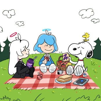 Rule 34 | 1930s (style), 2girls, aqua halo, arona (blue archive), blue archive, blue hair, charles schulz (style), cloud, commentary, creammilk tea, crossover, dog, eating, english commentary, halo, highres, multiple girls, peanuts (comic), picnic, plana (blue archive), red halo, sky, snoopy, toon (style), white hair, white sky, woodstock