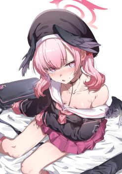 1girl absurdres bag bed_sheet beret black_hat black_wings blue_archive blush body_markings breasts chinese_commentary collarbone commentary_request downblouse feathered_wings from_above hair_between_eyes halo hat head_wings highres koharu_(blue_archive) looking_at_viewer loose_socks low_wings neckerchief pink_eyes pink_hair pink_halo pink_neckerchief pink_skirt pleated_skirt sailor_collar school_uniform shoulder_bag simple_background single_bare_shoulder single_off_shoulder sitting skirt small_breasts snail socks solo sweatdrop twintails wariza white_sailor_collar winged_halo winged_hat wings youguo_naberu