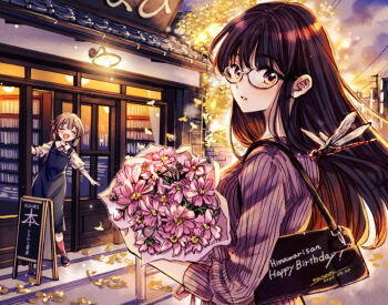 2girls :d apron artist_name bag black-framed_eyewear black_apron black_bag black_hair black_shoes book bookshelf bookstore bouquet brown_hair bug chalkboard_sign character_name closed_eyes collared_shirt commentary_request copyright_name dated dragonfly english_text falling_leaves flower glasses happy happy_birthday himawari-san himawari-san_(character) holding holding_bouquet insect kazamatsuri_matsuri lamp leaf long_hair long_sleeves looking_at_viewer multiple_girls open_mouth outdoors parted_lips pink_flower purple_sweater red_socks ribbed_sweater shirt shoes shop short_hair short_sleeves shoulder_bag signature smile socks standing sugano_manami sweater upper_body white_shirt