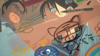 1boy 1girl black_hair blue_sailor_collar ceiling_light collared_shirt doraemon doraemon_(character) drawing_(object) eraser from_below glasses head_rest hiding highres indoors jiankun_yu looking_at_another neckerchief necktie original paper pen rectangular_eyewear red_neckerchief ruler sailor_collar school_uniform scissors serafuku serious shirt short_hair sunlight sweatdrop teacher_and_student upper_body white_shirt