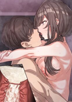 1boy 1girl after_kiss breasts brown_hair censored commentary_request completely_nude cross-section cum erere idolmaster idolmaster_shiny_colors kiss large_breasts long_hair low_twintails mosaic_censoring nipples nude penis purple_eyes saliva saliva_trail sex tears tongue tongue_out tsukioka_kogane twintails uterus