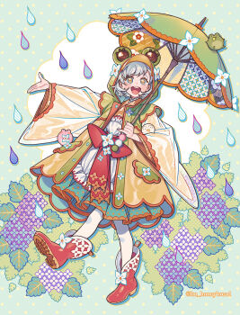 1girl :d absurdres animal_hood blue_hair blush boots commentary_request dango flower food frog frog_hood full_body green_background green_eyes green_raincoat green_umbrella highres holding holding_umbrella hood hood_up hydrangea im_honeybread leaf long_sleeves looking_at_viewer open_mouth original pantyhose polka_dot polka_dot_background rain raincoat red_boots sanshoku_dango short_hair smile solo standing standing_on_one_leg twitter_username umbrella wagashi white_pantyhose wide_sleeves