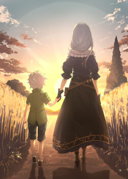 1boy 1girl aged_down alfia_(danmachi) alt_text astraea_record aunt_and_nephew bell_cranel belt black_dress black_gloves blue_dress blue_shorts brown_belt commentary_request dress dungeon_ni_deai_wo_motomeru_no_wa_machigatteiru_darou_ka facing_away from_behind gloves green_shirt grey_hair hair_over_shoulder high_heels highres holding_hands kakage long_dress long_hair multicolored_dress novel_illustration official_art outdoors second-party_source shirt short_hair short_sleeves shorts sun sunrise white_hair