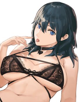 1girl bare_shoulders black_bra blue_eyes blue_hair bra breasts female_byleth_(fire_emblem) choker cleavage fire_emblem fire_emblem:_three_houses highres j@ck large_breasts looking_at_viewer medium_hair navel nintendo open_mouth simple_background tongue tongue_out underwear white_background
