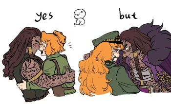 2girls beifeeng braided_dreadlocks brown_hair chain chest_sarashi closed_eyes commentary english_commentary green_hat green_jacket hair_tubes half_updo hat ishmael_(project_moon) ishmael_(the_pequod)_(project_moon) jacket laughing limbus_company long_hair medium_hair military_hat multiple_girls multiple_persona open_clothes open_jacket open_mouth orange_hair pequod_(identity)_(project_moon) project_moon purple_jacket queequeg_(project_moon) sarashi simple_background smile white_background