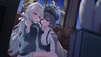Rule 34 | 2girls, absurdres, black eyes, black hair, blue archive, bow, bowtie, collared shirt, commentary request, dark, eco mak1, green halo, grey hair, hair bow, halo, hand on another's knee, hat, heavy breathing, highres, hiromi (blue archive), holding hands, indoors, jacket, long hair, long sleeves, looking at another, miyo (blue archive), multiple girls, necktie, night, pants, peaked cap, shirt, short hair, skirt, suspender pants, thighs, white bow, white shirt, yellow halo, yuri