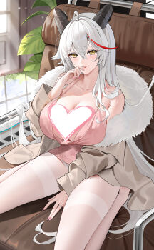 1girl :p aegir_(azur_lane) aegir_(one-on-one_leisure_time)_(azur_lane) azur_lane bare_shoulders between_legs blush breasts cleavage clothes_pull coat couch dragon_girl dragon_horns dress full_body fur-trimmed_coat fur_trim hair_between_eyes hand_between_legs hand_up highres horns indoors jacket jacket_pull jewelry large_breasts long_hair multicolored_hair nail_polish no_bra off_shoulder official_alternate_costume on_couch open_clothes open_coat panties pantyhose pink_dress pink_nails qing_wu red_hair ring short_dress sitting smile solo spread_legs streaked_hair thighband_pantyhose thighs tongue tongue_out two-tone_hair underwear very_long_hair wedding_ring white_hair white_panties white_pantyhose yellow_eyes