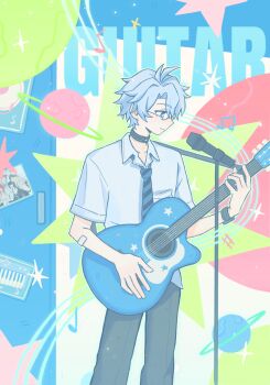 Rule 34 | 1boy, abstract background, absurdres, antenna hair, black choker, black pants, blue eyes, choker, chrysos heirs school uniform, collared shirt, commentary request, english text, feet out of frame, glasses, guest art, guitar, highres, holding, holding guitar, holding instrument, honkai: star rail, honkai (series), instrument, male focus, microphone, microphone stand, music, necktie, official alternate costume, pants, phainon (honkai: star rail), playing guitar, playing instrument, school uniform, semi-rimless eyewear, shirt, short hair, short sleeves, solo, striped clothes, striped necktie, white hair, white shirt, yitan