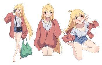 1girl absurdres ahoge bag black_bag blonde_hair blue_shorts blush breasts brown_eyes cardigan cho_kaguya-hime! cleavage commentary_request fang hand_up highres holding holding_bag jingulbi kaguya_(cho_kaguya-hime!) long_hair looking_at_viewer multiple_views nail_polish open_cardigan open_clothes open_mouth partial_commentary red_cardigan red_nails shirt shopping_bag shorts shoulder_bag simple_background skin_fang sleeves_past_wrists toenail_polish toenails white_background white_shirt