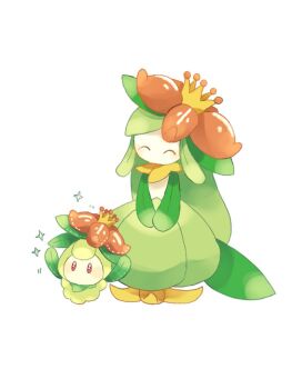^_^ arms_up closed_eyes colored_skin commentary_request crown evolutionary_line flower gen_5_pokemon green_hair kujira_0823 leaf lilligant nintendo no_humans own_hands_together petilil pokemon pokemon_(creature) red_eyes simple_background sparkle standing white_background white_skin