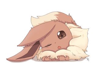 brown_eyes brown_fur commentary_request dated eevee gen_1_pokemon ichiriku lying nintendo no_humans one_eye_closed open_mouth pokemon pokemon_(creature) simple_background solo white_background