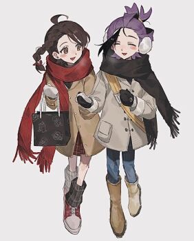 1boy 1girl blush braid brown_coat brown_eyes brown_hair closed_eyes coat gloves highres juliana_(pokemon) kieran_(pokemon) mouth_hold nintendo open_mouth pokemon pokemon_sv pokesol_1083 purple_hair scarf short_hair smile white_background winter_uniform