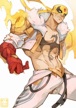 1boy abs absurdres belt closed_mouth cyrosaur danny_rand fire highres iron_fist_(marvel) looking_at_viewer male_focus marvel marvel_rivals mask muscular muscular_male short_hair simple_background solo superhero_costume white_background yellow_mask