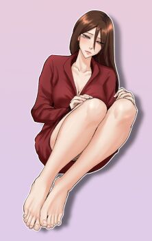 1girl barefoot breasts brown_eyes brown_hair cleavage emmi feet highres long_hair looking_at_viewer toes