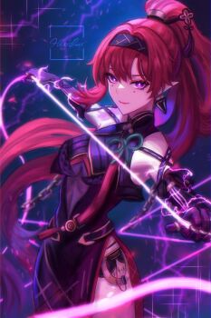 1girl absurdres bare_shoulders black_bodysuit black_dress black_gloves black_hairband black_shorts bodysuit breast_curtains bright_pupils chain circle_facial_mark commentary cowboy_shot dress earrings elbow_gloves electricity english_commentary flower_hairpin gloves hair_intakes hair_ornament hairband hairpin highres hikarilux holding holding_string jewelry long_hair looking_at_viewer micro_shorts pointy_ears purple_eyes red_hair shorts side_slit signature smile solo standing string tacet_mark_(wuthering_waves) very_long_hair white_pupils wuthering_waves yinlin_(wuthering_waves)