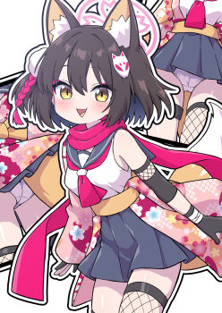 1girl :d animal_ear_fluff animal_ears black_gloves black_thighhighs blue_archive blue_sailor_collar blue_skirt breasts brown_hair commentary_request fang fishnet_thighhighs fishnets floral_print floral_print_kimono fox_ears fox_girl fox_hair_ornament fox_tail fukamiki_kei gloves halo highres izuna_(blue_archive) japanese_clothes kimono looking_at_viewer medium_hair miniskirt multiple_views one_side_up open_mouth panties pantyshot partially_fingerless_gloves pink_halo pink_scarf pleated_skirt print_kimono sailor_collar scarf school_uniform serafuku shirt single_thighhigh skirt sleeveless sleeveless_shirt small_breasts smile tail thighhighs underwear white_panties white_shirt yellow_eyes