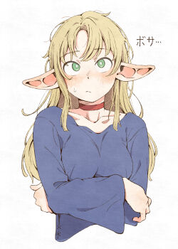 1girl alternate_hairstyle blonde_hair blue_shirt blush breasts choker closed_mouth collarbone commentary cropped_torso crossed_arms dungeon_meshi eitopondo elf frown green_eyes highres long_hair looking_at_viewer marcille_donato medium_breasts messy_hair parted_bangs pointy_ears red_choker shirt simple_background solo sweatdrop translated upper_body white_background