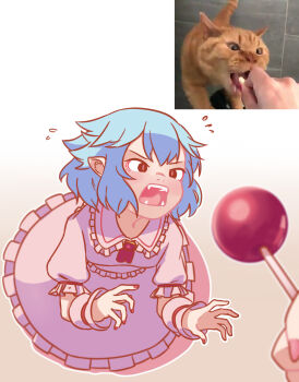 1girl absurdres ascot blue_hair brooch candy cat derivative_work dress fangs flying_sweatdrops food frilled_shirt frilled_shirt_collar frilled_sleeves frills highres jewelry lollipop no_headwear no_headwear open_mouth photo-referenced photo_inset pink_dress pointy_ears puffy_short_sleeves puffy_sleeves red_eyes reference_inset reference_photo reference_work remilia_scarlet shirt short_hair short_sleeves simple_background skirt skirt_set touhou wrist_cuffs yoruny