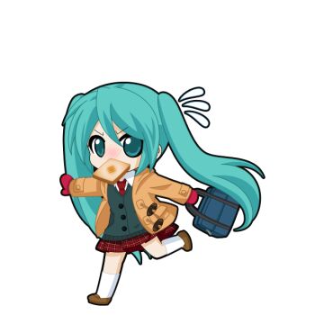 Rule 34 | 1girl, aqua eyes, aqua hair, bag, black outline, blush, bread, bread slice, brown coat, brown shoes, cardigan, chibi, chibi only, coat, duffel coat, flying sweatdrops, food, food in mouth, full body, game asset, green cardigan, hatsune miku, hatsune miku graphy collection, holding, holding bag, kneehighs, late for school, loafers, long sleeves, looking at viewer, mittens, mouth hold, necktie, nose blush, outline, plaid clothes, plaid skirt, red mittens, red necktie, red skirt, running, school bag, school uniform, shirt, shoes, skirt, skirt peek, socks, solo, toast, toast in mouth, transparent background, v-shaped eyebrows, vocaloid, white shirt, white socks