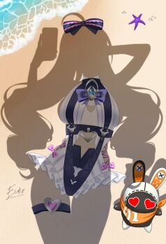 1girl 1other absurdres ahoge arm_behind_head backless_swimsuit bandana bandana_around_neck bangboo_(zenless_zone_zero) beach black_bow blue_gemstone bow bowtie cellphone clothing_cutout commentary day dressed_shadow_(meme) drill_hair eidis_scarlet english_commentary eous_(zenless_zone_zero) frilled_one-piece_swimsuit frills gem heart heart-shaped_eyes heart_cutout highres holding holding_phone implied_nudity long_hair looking_at_another meme ocean official_alternate_costume one-piece_swimsuit orange_bandana phone pink_bow purple_bow purple_bowtie sand shadow signature silhouette standing starfish stomach_cutout swimsuit taking_picture thigh_strap twintails twitter_username two-tone_one-piece_swimsuit vivian_banshee vivian_banshee_(iris_of_the_shore) water white_one-piece_swimsuit zenless_zone_zero