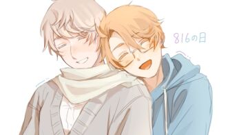 Rule 34 | 2boys, ahoge, america (hetalia), axis powers hetalia, blonde hair, blue hoodie, blush, closed eyes, dated, glasses, grey-framed eyewear, grey sweater, hair between eyes, happy, harutoro 39487, hashtag-only commentary, head on another's shoulder, hood, hoodie, long sleeves, male focus, multiple boys, open mouth, russia (hetalia), scarf, semi-rimless eyewear, shirt, short hair, simple background, smile, sweater, teeth, upper body, white background, white hair, white scarf, white shirt