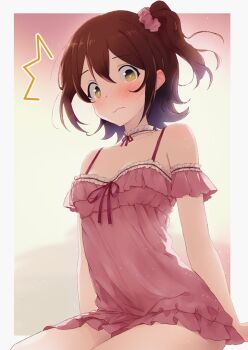 1girl babydoll blush border breasts brown_eyes brown_hair choker closed_mouth flustered frilled_choker frills hair_ornament hair_scrunchie idolmaster idolmaster_million_live! ikamagu kasuga_mirai looking_at_viewer one_side_up outside_border pink_babydoll pink_scrunchie revision scrunchie sitting solo wavy_mouth white_border