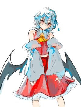 Rule 34 | 1girl, alternate costume, armpit crease, arms at sides, ascot, bat wings, blue hair, closed mouth, cosplay, detached sleeves, expressionless, feet out of frame, frilled skirt, frills, hakurei reimu, hakurei reimu (cosplay), head tilt, heart, kitunegasak, navel, red eyes, red shirt, red skirt, remilia scarlet, ribbon trim, shirt, short hair, simple background, skirt, skirt set, solo, standing, touhou, white background, wings, yellow ascot