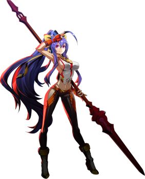 1girl antenna_hair backless_outfit bare_shoulders black_pants blazblue blazblue:_central_fiction blazblue:_entropy_effect blazblue_remix_heart blue_hair boots bow breasts fingerless_gloves full_body gloves hair_between_eyes hair_bow halterneck hand_on_own_head high_heel_boots high_heels highres holding holding_weapon katou_yuuki large_breasts long_hair looking_at_viewer lowleg lowleg_pants mai_natsume midriff navel no_bra no_panties official_art outseal pants polearm ponytail purple_eyes red_light revealing_clothes ribbon salute sideboob sidelocks smile solo spear standing thighs transparent_background very_long_hair weapon yellow_bow