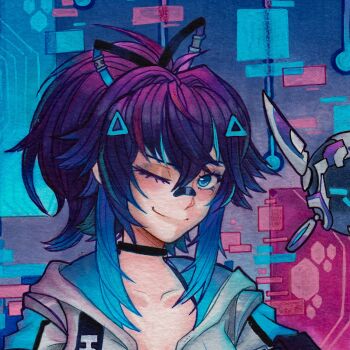 Rule 34 | 1girl, ;), aqua eyes, aqua hair, bandaid, bandaid on face, bandaid on nose, closed mouth, collarbone, commentary, english commentary, eyelashes, gradient hair, hair intakes, hair ornament, hairclip, highres, hood, hood down, melody (projektmelody), melody (projektmelody) (4th costume), multicolored hair, non-humanoid robot, one eye closed, pat trasho, ponytail, portrait, purple hair, robot, sidelocks, smile, solo focus, t0m (projektmelody), traditional media, virtual youtuber, vshojo