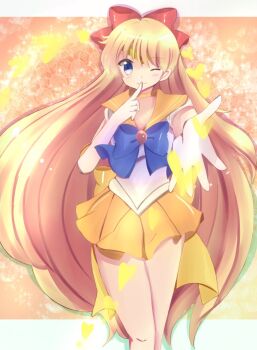 1girl aino_minako bishoujo_senshi_sailor_moon blonde_hair blue_eyes gloves heart long_hair looking_at_viewer magical_girl miniskirt one_eye_closed sailor_venus short_sleeves skirt very_long_hair yuka_sihugo