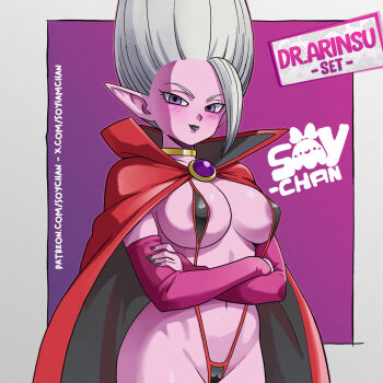 1girl areola_slip black_cape black_slingshot_swimsuit bridal_gauntlets cape colored_skin cowboy_shot dr._arinsu dragon_ball dragon_ball_daima grey_hair long_hair pointy_ears purple_background purple_skin red_cape simple_background slingshot_swimsuit soy-chan swimsuit