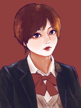 1girl black_eyes black_jacket borrowed_character bow bowtie brown_hair closed_mouth commentary_request highres jacket lips lipstick makeup nose okubatomaeba open_clothes open_jacket original parted_bangs red_background red_bow red_bowtie red_lips school_uniform short_hair simple_background solo upper_body