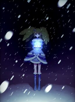 Rule 34 | 1girl, black eyes, blue boots, blue bow, blue bowtie, blue collar, blue dress, boots, bow, bowtie, closed mouth, collar, colored eyelashes, detached collar, dress, falulu, flower, full body, fur-trimmed boots, fur-trimmed dress, fur-trimmed sleeves, fur trim, green hair, hair flower, hair ornament, hanamaru (h a n a maru87), headphones, highres, holding globe, knee boots, long hair, long sleeves, looking at viewer, off-shoulder dress, off shoulder, pretty series, pripara, sleeve bow, snow globe, snowing, solo, standing, twitter username, white flower