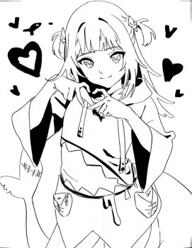 animal_hood blue_hoodie blunt_bangs drawfag fins fish_tail gawr_gura gawr_gura_(1st_costume) hair_ornament heart heart_hands hololive hololive_english holomyth hood hoodie looking_at_viewer monochrome shark_girl shark_hair_ornament shark_hood shark_tail sketch smile tail two_side_up virtual_youtuber