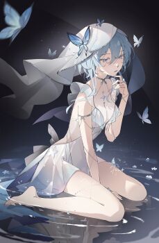 1girl armlet barefoot blue_butterfly blue_hair breasts bug butterfly commentary dress hair_between_eyes hand_up highres insect jewelry long_hair medium_breasts parted_lips purple_eyes reflection reflective_liquid saltycastella shorekeeper_(wuthering_waves) signature sitting sleeveless sleeveless_dress solo veil white_dress white_veil wuthering_waves