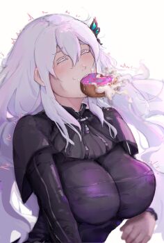 1girl ^_^ absurdres black_capelet black_dress blush breasts bug butterfly butterfly_hair_ornament capelet closed_eyes colored_eyelashes commentary commission corosu donut dress echidna_(re:zero) english_commentary food food_bite food_in_mouth food_on_face foodgasm gradient_background green_butterfly hair_between_eyes hair_ornament highres icing insect large_breasts long_hair long_sleeves open_mouth pink_donut re:zero_kara_hajimeru_isekai_seikatsu solo striped_clothes striped_dress tight_clothes tight_dress trembling vertical-striped_clothes vertical-striped_dress white_eyelashes white_hair