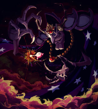 absurdres armor cape cleft_chin frown furrowed_brow glint grin highres jewelry kirby kirby&#039;s_adventure kirby_(series) magic necklace nightmare_(kirby) nintendo pointy_nose shoulder_armor size_difference skeletal_hand smile smoke sparks star_(sky) star_(symbol) star_rod sunglasses suyasuyabi