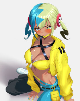 1girl absurdres aqua_hair blonde_hair blue_eyes blush breasts canari_(pokemon) cleavage clenched_teeth dark-skinned_female dark_skin highres large_breasts looking_at_viewer mask mask_pull midriff mouth_mask multicolored_hair navel nintendo pants parted_lips pokemon pokemon_legends:_z-a shirokumaru_(yafm7388) shoes sitting solo split-color_hair teeth twintails v-shaped_eyebrows white_shoes