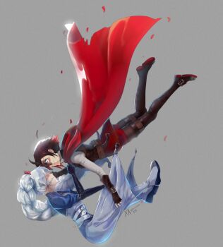 2girls absurdres artist_name belt_buckle blue_dress blue_eyes blush braid braided_ponytail buckle cape dress falling gradient_hair grey_eyes highres long_hair multicolored_hair multiple_girls ponytail red_cape red_dress red_hair ruby_rose rwby scar scar_across_eye scar_on_face short_hair weiss_schnee white_hair yuri