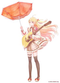 Rule 34 | 1girl, absurdres, acoustic guitar, blonde hair, brown dress, brown eyes, brown sailor collar, brown thighhighs, buttons, commentary request, copyright notice, double-breasted, double-parted bangs, dress, floating hair, fortissimo, frilled jacket, frills, full body, guitar, hair between eyes, hair ornament, hair ribbon, hairclip, highres, holding, holding guitar, holding instrument, holding umbrella, hololive, hololive dev is, instrument, inverted umbrella, jacket, long hair, long sleeves, musical note, musical note hair ornament, nakauma, neck ribbon, official art, one side up, otonose kanade, otonose kanade (1st costume), plaid clothes, plaid dress, red ribbon, ribbon, sailor collar, shirt, shoes, simple background, solo, standing, thigh strap, thighhighs, umbrella, virtual youtuber, white background, white jacket, white sailor collar, white shirt, white shoes