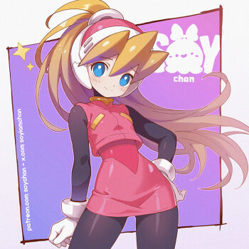 Rule 34 | 1girl, artist name, black bodysuit, blonde hair, blue eyes, bodysuit, ciel (mega man), closed mouth, commentary request, cowboy shot, gloves, hand on own hip, long hair, looking at viewer, mega man (series), mega man zero (series), pink shirt, pink skirt, shirt, skirt, smile, solo, soy-chan, very long hair, white gloves