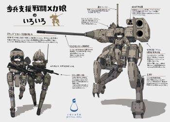 2girls absurdres aqua_eyes armor arrow_(symbol) assault_rifle black_hair cannon commentary_request digitigrade forehead_protector full_body gun hair_ornament hairclip head-mounted_display highres joints looking_at_viewer mecha_musume missile_pod multiple_girls original radio_antenna rifle robot_joints science_fiction smoke_grenade_launcher soruto_0w98e translation_request weapon