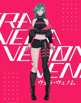 1girl ankle_belt aqua_hair arms_at_sides asymmetrical_pants bare_shoulders belt belt_buckle black_belt black_boots black_jacket black_pants black_shirt black_shorts black_socks blue_hair boots breasts buckle character_name chest_belt commentary crop_top cropped_jacket dot_nose english_commentary eyebrows_hidden_by_hair full_body green_hair hair_between_eyes hair_over_one_eye half-closed_eyes highres indie_virtual_youtuber jacket kneehighs large_breasts light_smile long_eyelashes long_hair long_legs long_sleeves midriff narrowed_eyes navel off_shoulder pants parted_bangs partially_open_jacket partially_unzipped pink_background pink_belt pink_jacket puffy_long_sleeves puffy_sleeves shirt short_shorts shorts sidelocks single_kneehigh single_sock sleeveless sleeveless_turtleneck slit_pupils smile snap-fit_buckle socks solo standing text_background thick_eyelashes thigh_belt thigh_strap thighs tight_clothes tight_pants turtleneck two-sided_fabric two-sided_jacket vertigris yellow_eyes