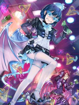 2girls black_gloves black_shoes black_skirt blue_eyes blue_hair blush breasts clenched_teeth covered_navel demon_girl demon_tail demon_wings duel_monster evil_twin_ki-sikil evil_twin_lil-la frilled_anklet frilled_shirt frills gloves hat holding holding_money kalian ki-sikil_(yu-gi-oh!) lil-la_(yu-gi-oh!) long_hair long_sleeves medium_breasts money multiple_girls necktie neon_lights pantyhose parted_lips pink_gloves pink_hair pink_necktie shirt shoes short_hair skirt sunglasses tail teeth white_pantyhose white_shirt wings yu-gi-oh!