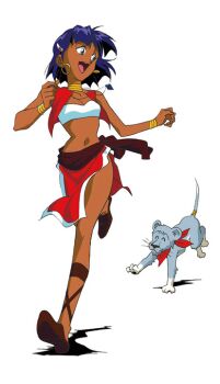 1girl aqua_eyes bob_cut bracelet brown_sandals chasing cropped_vest cub dark-skinned_female dark_skin earrings fushigi_no_umi_no_nadia hair_ornament hairclip hoop_earrings jewelry king_(nadia) lion midriff nadia_la_arwall navel neck_ring necklace official_art open_mouth pelvic_curtain photoshop_(medium) purple_hair red_vest running sandals scarf short_hair simple_background solo strapless tube_top vest white_background