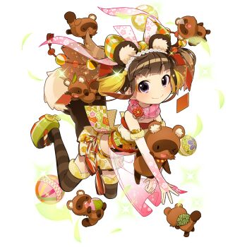 1girl animal_ears ball bare_shoulders bell_print black_eyes brown_hair brown_thighhighs commentary_request detached_sleeves fake_animal_ears flat_chest pink_scarf print_skirt raccoon_ears raccoon_girl raccoon_tail sandals scarf short_hair skirt striped_clothes striped_thighhighs tail tanuki tanuko temari_ball thighhighs twintails uchako uchi_no_hime-sama_ga_ichiban_kawaii yellow_skirt zouri